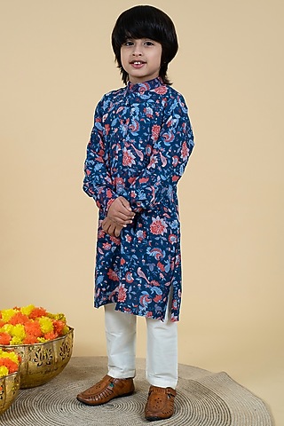 Blue Cotton Floral Printed Kurta Set For Boys by Little Boys Closet