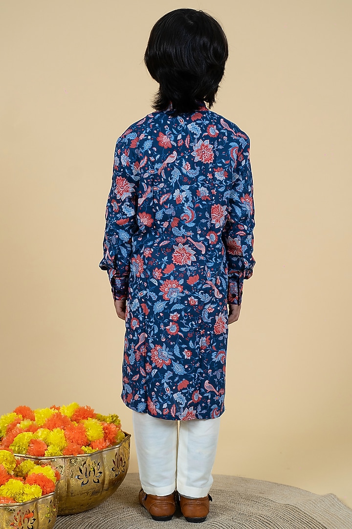 Blue Cotton Floral Printed Kurta Set For Boys by Little Boys Closet at Pernia's Pop Up Shop