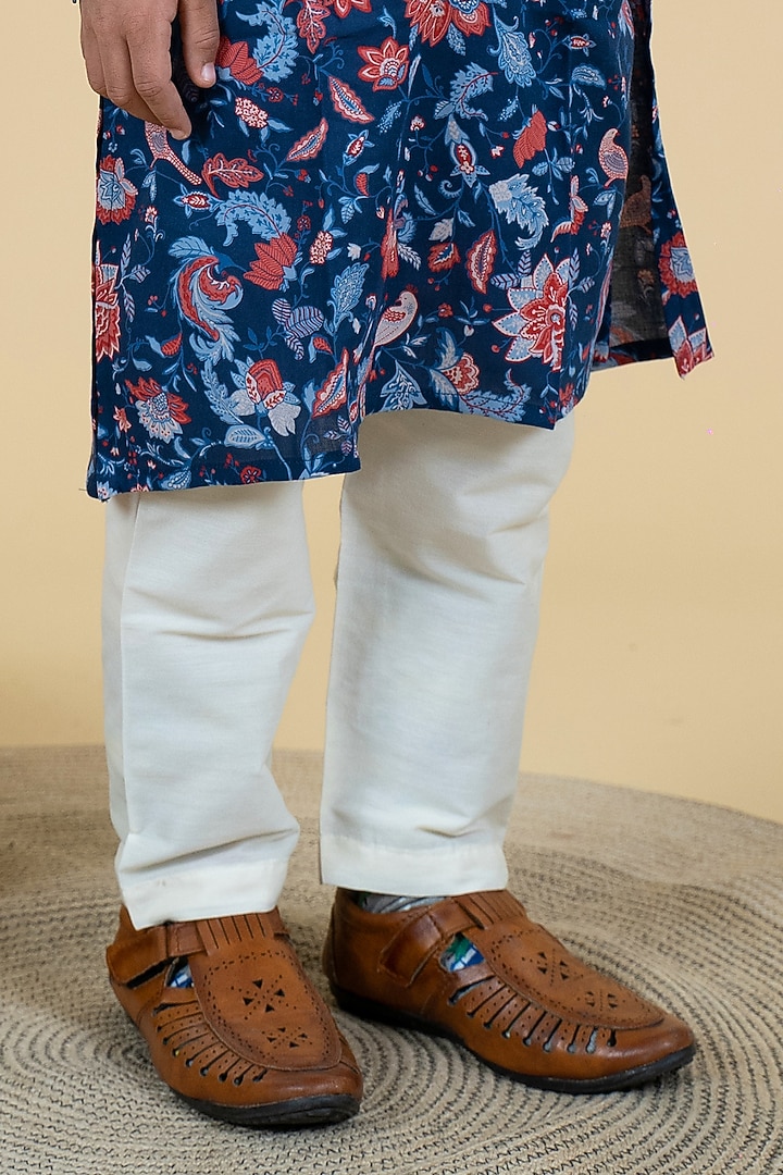 Blue Cotton Floral Printed Kurta Set For Boys by Little Boys Closet at Pernia's Pop Up Shop
