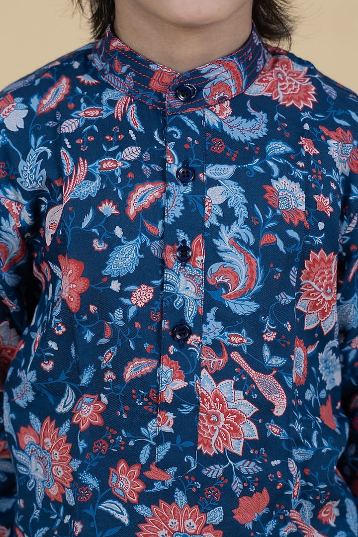 Blue Cotton Floral Printed Kurta Set For Boys by Little Boys Closet at Pernia's Pop Up Shop
