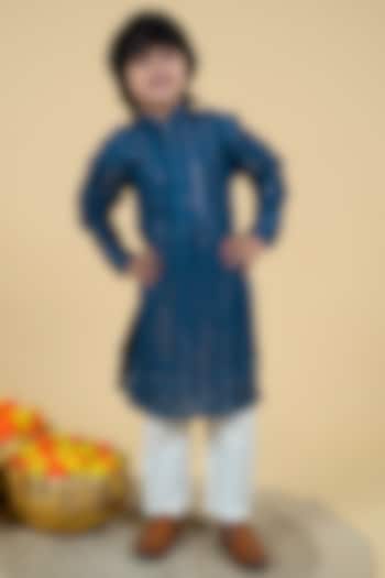 Teal Blue Georgette Embroidered Kurta Set For Boys by Little Boys Closet