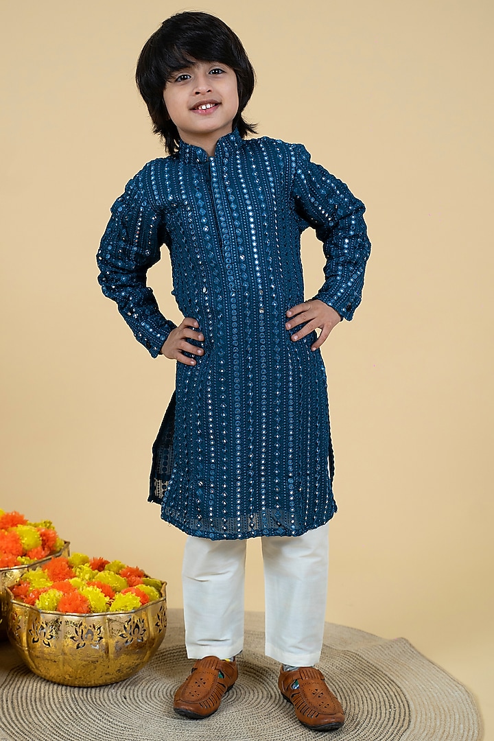 Teal Blue Georgette Embroidered Kurta Set For Boys by Little Boys Closet