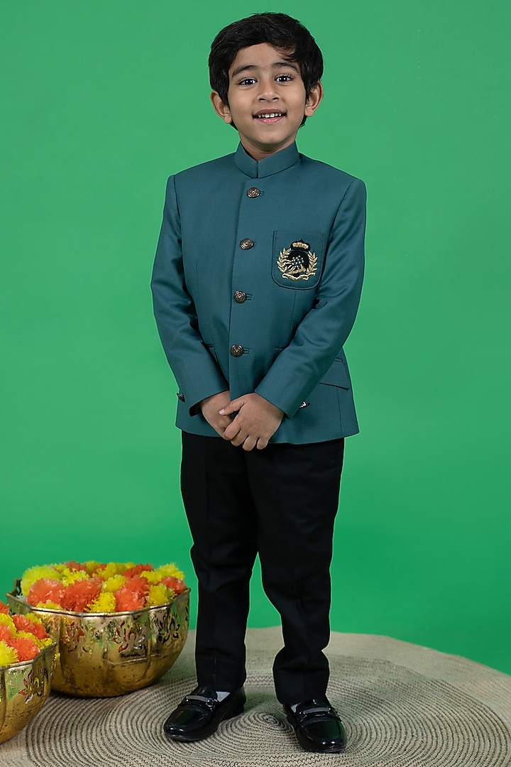 Teal Green Suiting Bandhgala Jacket Set For Boys by Little Boys Closet
