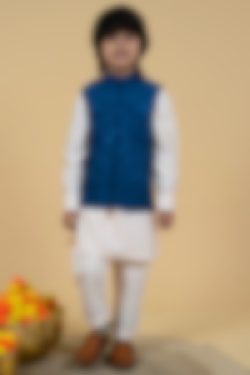Blue Crepe Embroidered Bundi Jacket With Kurta Set For Boys by Little Boys Closet