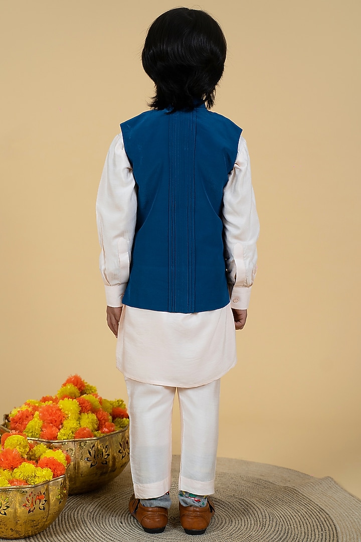 Blue Crepe Embroidered Bundi Jacket With Kurta Set For Boys by Little Boys Closet at Pernia's Pop Up Shop