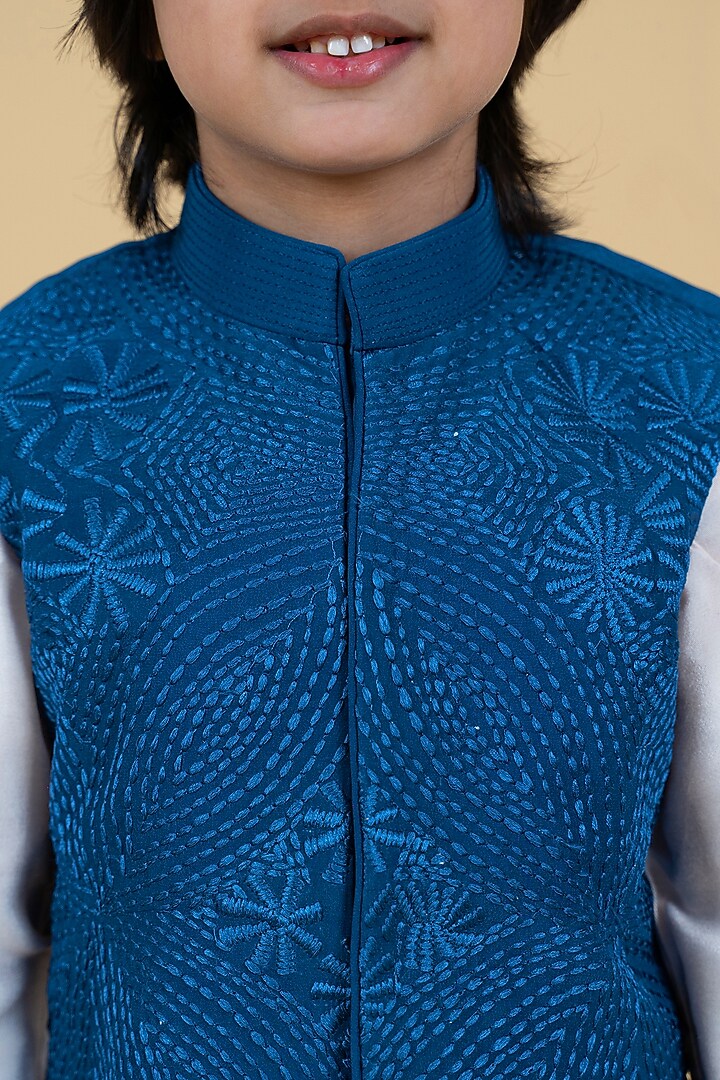 Blue Crepe Embroidered Bundi Jacket With Kurta Set For Boys by Little Boys Closet at Pernia's Pop Up Shop