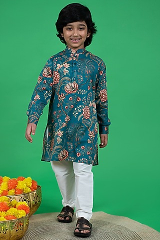 Green Cotton Floral Printed Kurta Set For Boys by Little Boys Closet