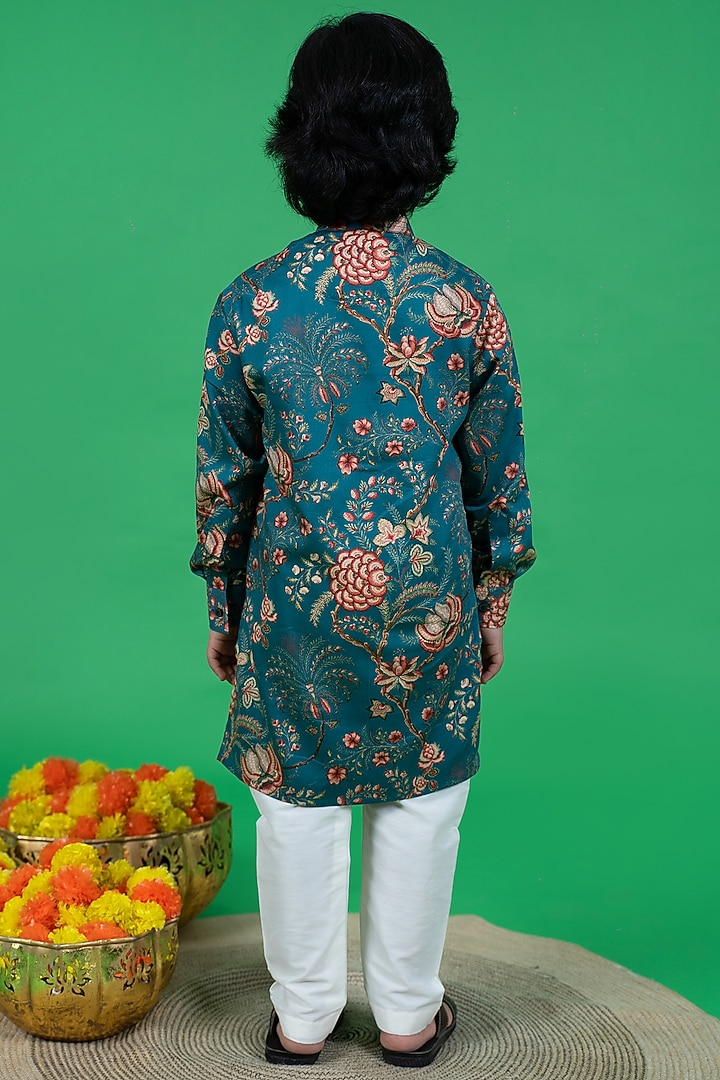 Green Cotton Floral Printed Kurta Set For Boys by Little Boys Closet at Pernia's Pop Up Shop