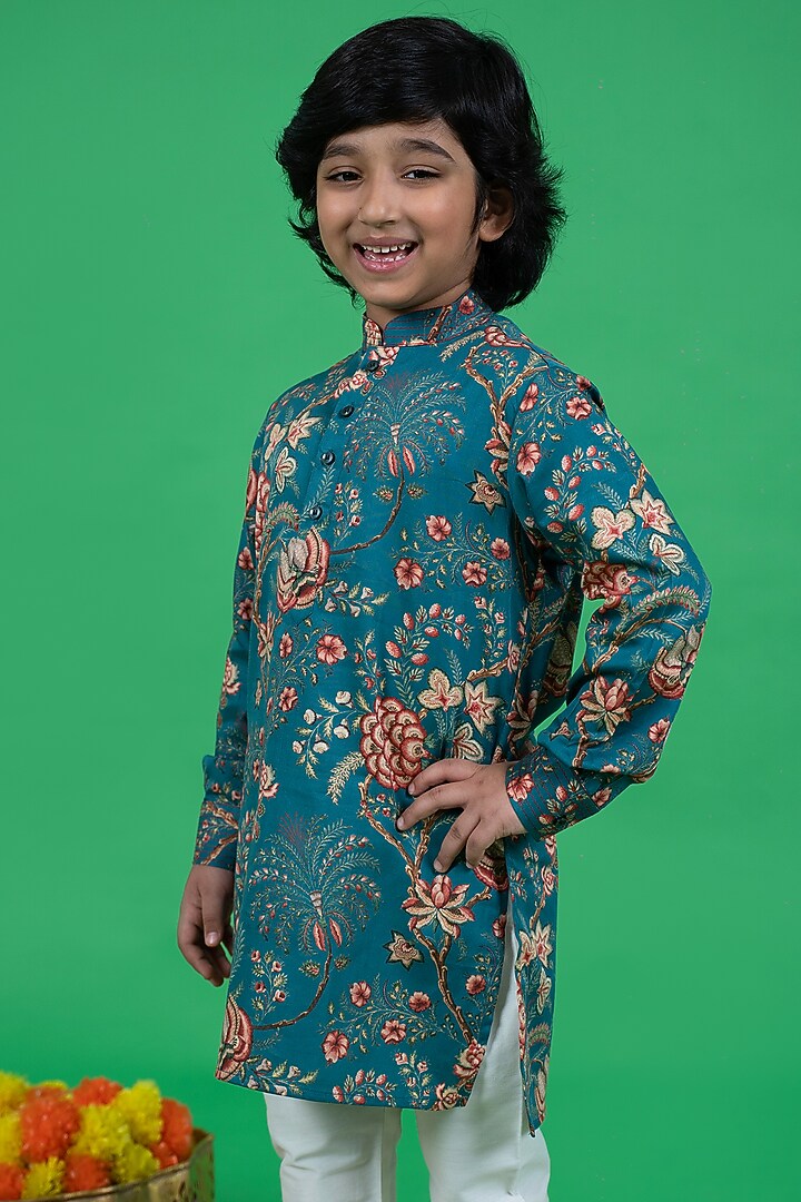 Green Cotton Floral Printed Kurta Set For Boys by Little Boys Closet at Pernia's Pop Up Shop