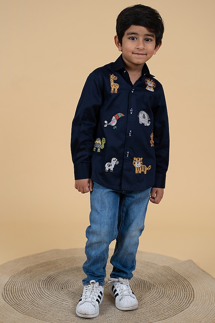 Navy Blue Cotton Embroidered Shirt For Boys by Little Boys Closet