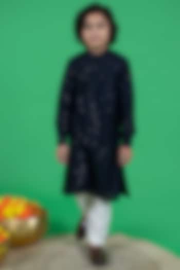 Navy Blue Georgette Embroidered Kurta Set For Boys by Little Boys Closet
