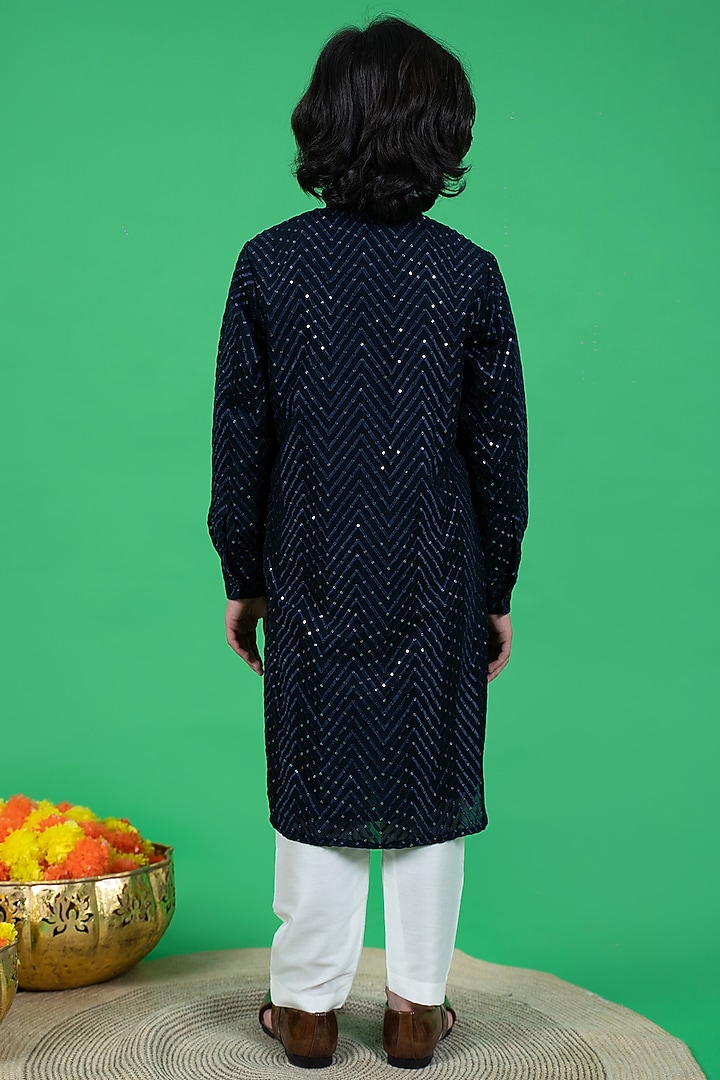 Navy Blue Georgette Embroidered Kurta Set For Boys by Little Boys Closet at Pernia's Pop Up Shop