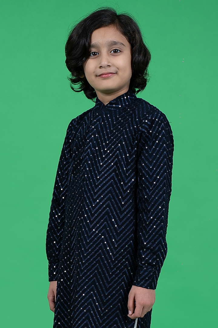 Navy Blue Georgette Embroidered Kurta Set For Boys by Little Boys Closet at Pernia's Pop Up Shop