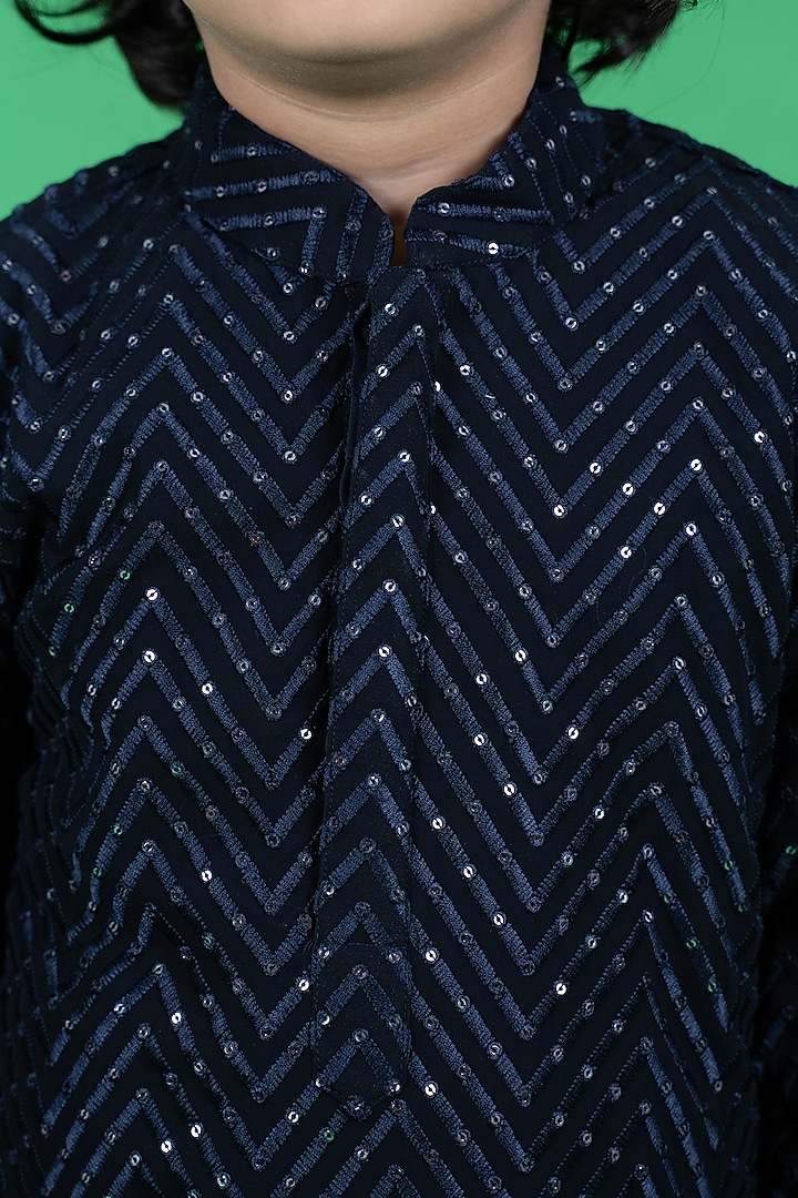 Navy Blue Georgette Embroidered Kurta Set For Boys by Little Boys Closet at Pernia's Pop Up Shop