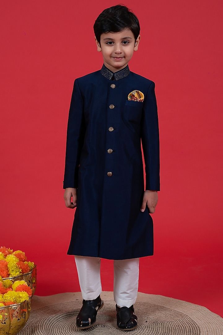 Navy Blue Cotton Silk Embroidered Sherwani Set For Boys by Little Boys Closet