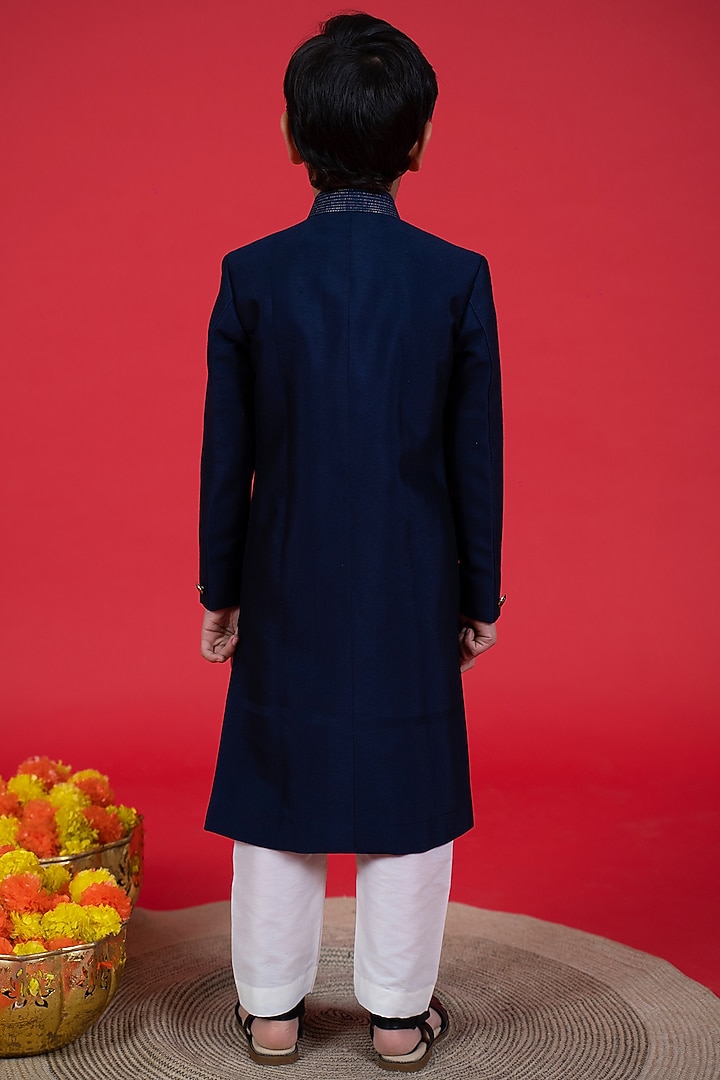 Navy Blue Cotton Silk Embroidered Sherwani Set For Boys by Little Boys Closet at Pernia's Pop Up Shop