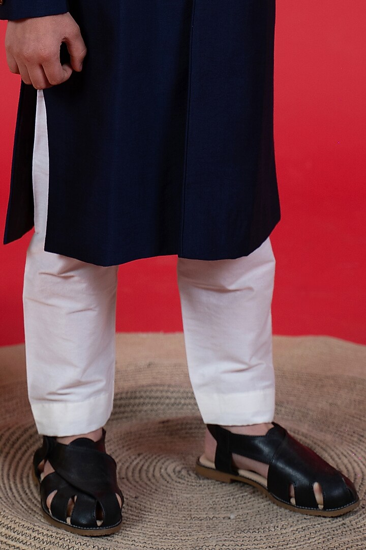 Navy Blue Cotton Silk Embroidered Sherwani Set For Boys by Little Boys Closet at Pernia's Pop Up Shop