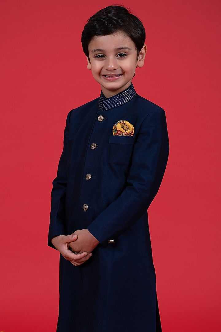 Navy Blue Cotton Silk Embroidered Sherwani Set For Boys by Little Boys Closet at Pernia's Pop Up Shop