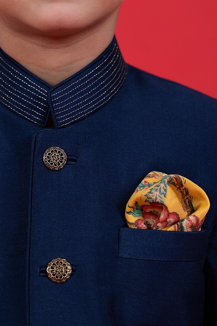 Navy Blue Cotton Silk Embroidered Sherwani Set For Boys by Little Boys Closet at Pernia's Pop Up Shop