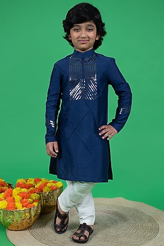 Navy Blue Cotton Silk Embroidered Kurta Set For Boys by Little Boys Closet