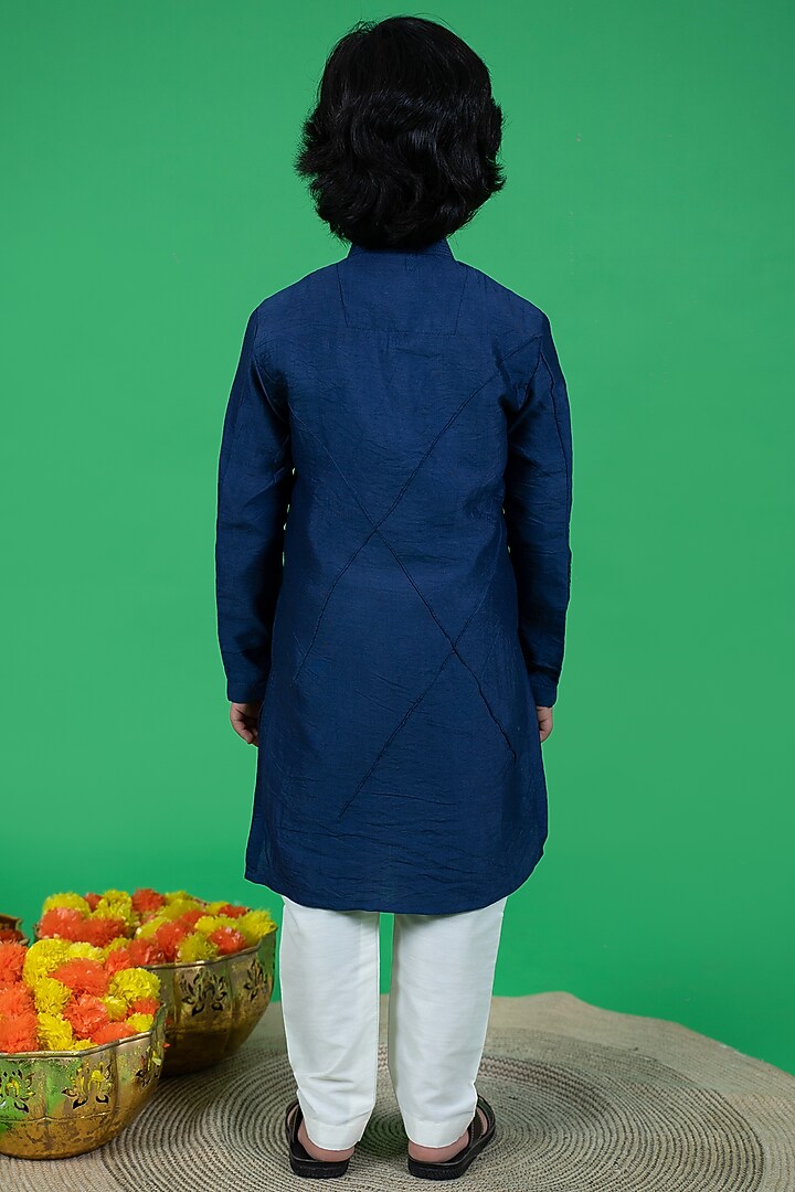 Navy Blue Cotton Silk Embroidered Kurta Set For Boys by Little Boys Closet at Pernia's Pop Up Shop