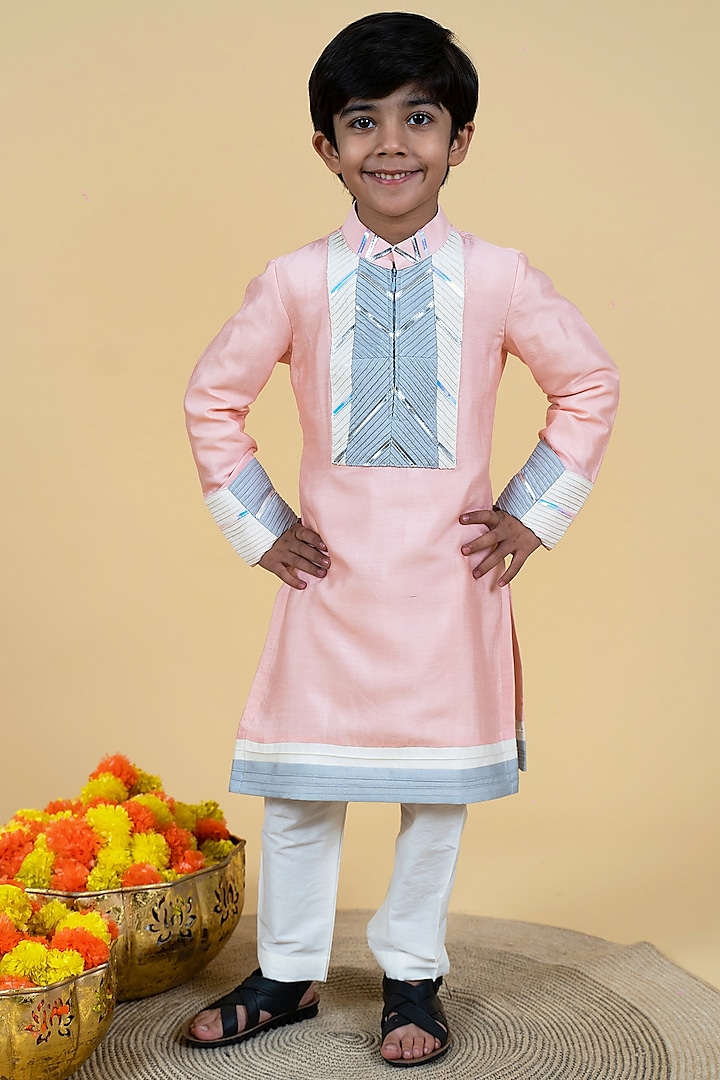 Multi-Colored Cotton Silk Embroidered Kurta Set For Boys by Little Boys Closet