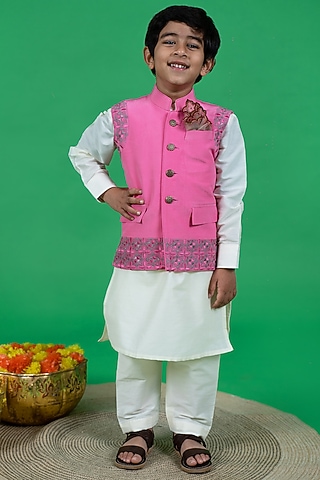 White Crepe Kurta Set With Embroidered Bundi Jacket For Boys by Little Boys Closet