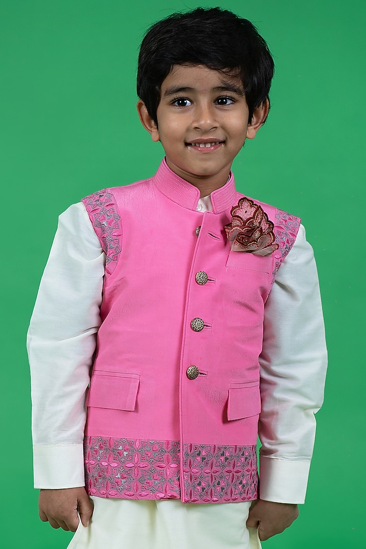 White Crepe Kurta Set With Embroidered Bundi Jacket For Boys by Little Boys Closet at Pernia's Pop Up Shop