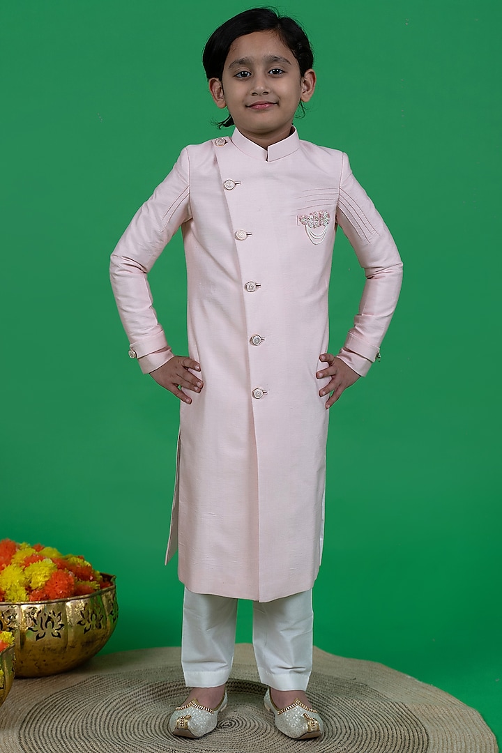 Baby Pink Cotton Silk Embroidered Sherwani Set For Boys by Little Boys Closet