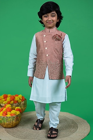 Sky Blue Cotton Silk Kurta Set With Embroidered Bundi Jacket For Boys by Little Boys Closet
