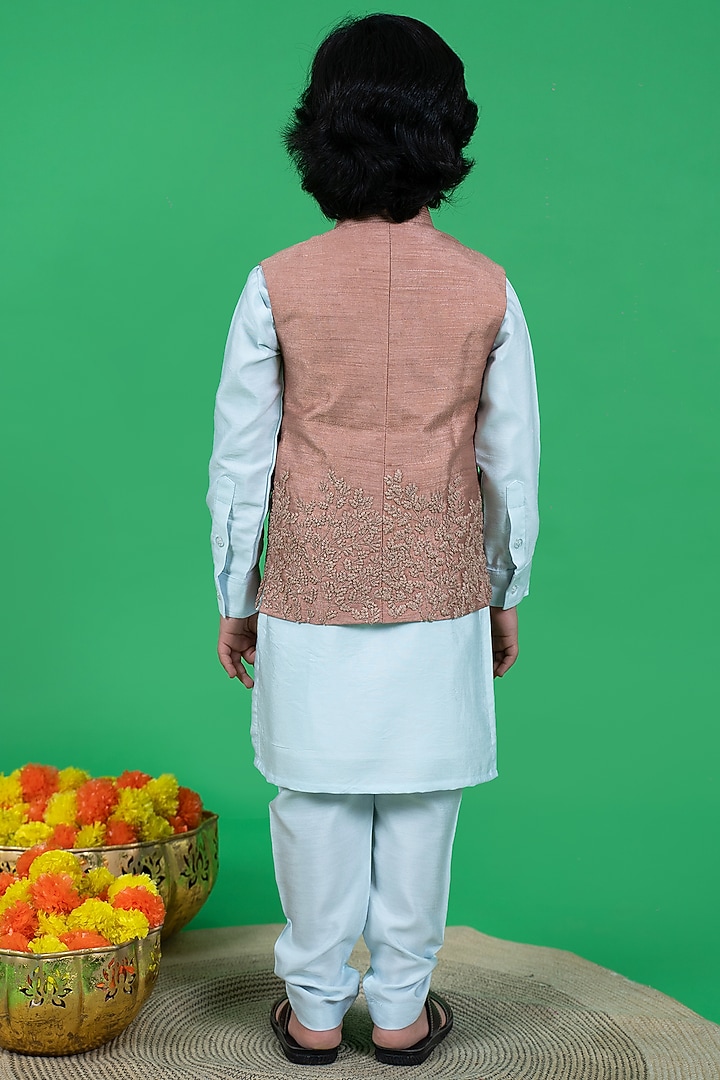 Sky Blue Cotton Silk Kurta Set With Embroidered Bundi Jacket For Boys by Little Boys Closet at Pernia's Pop Up Shop