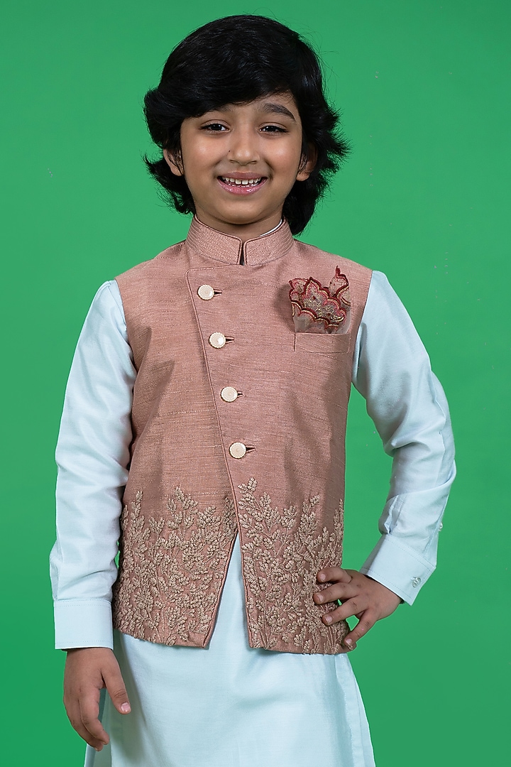 Sky Blue Cotton Silk Kurta Set With Embroidered Bundi Jacket For Boys by Little Boys Closet at Pernia's Pop Up Shop