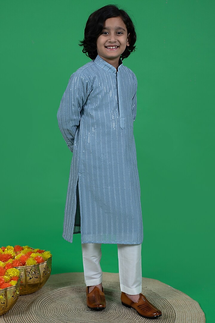 Sky Blue Georgette Embroidered Kurta Set For Boys by Little Boys Closet at Pernia's Pop Up Shop
