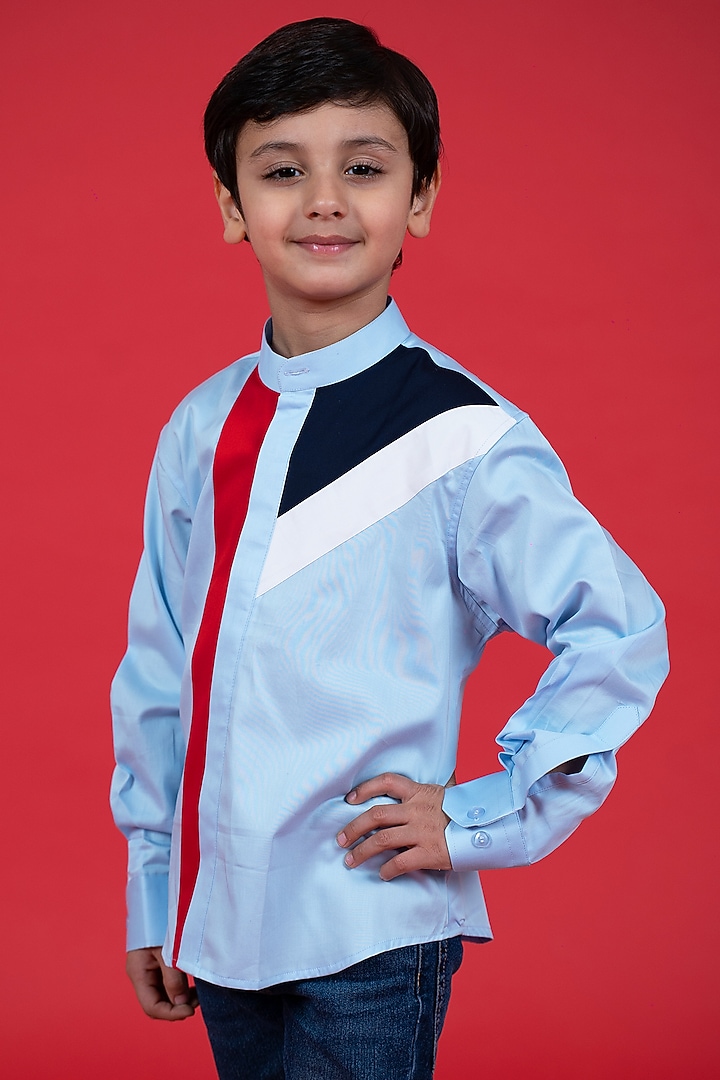 Sky Blue Cotton Color Blocked Shirt For Boys by Little Boys Closet at Pernia's Pop Up Shop