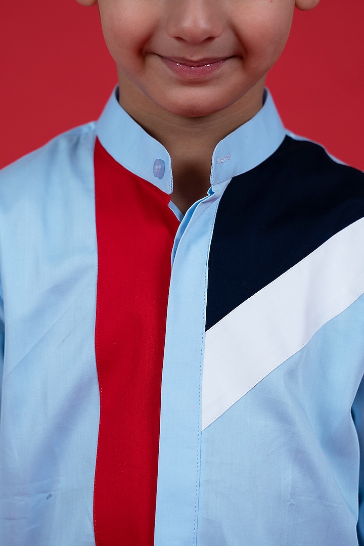 Sky Blue Cotton Color Blocked Shirt For Boys by Little Boys Closet at Pernia's Pop Up Shop