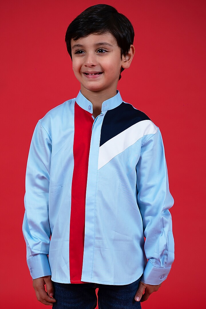 Sky Blue Cotton Color Blocked Shirt For Boys by Little Boys Closet at Pernia's Pop Up Shop