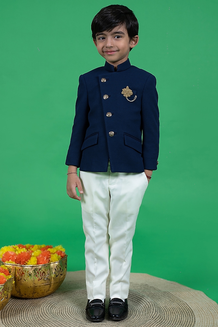 Teal Polyester Embroidered Bandhgala Jacket Set For Boys by Little Boys Closet