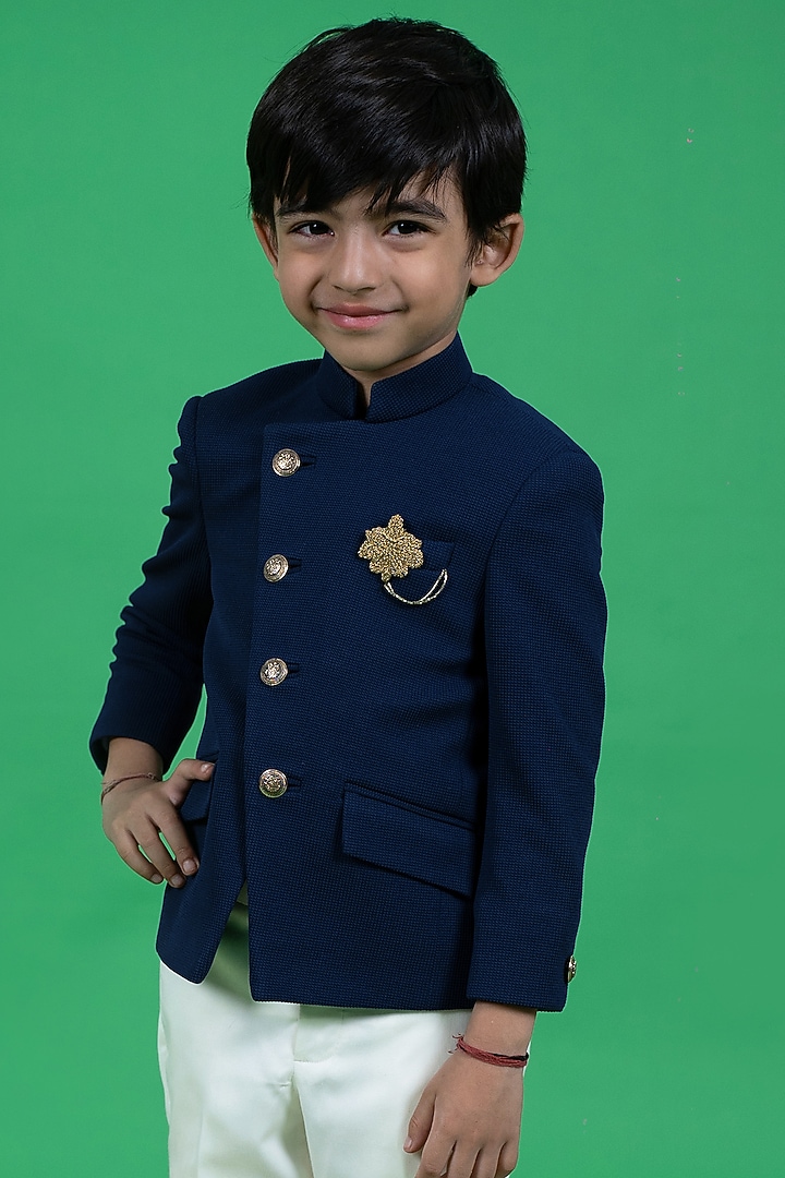 Teal Polyester Embroidered Bandhgala Jacket Set For Boys by Little Boys Closet at Pernia's Pop Up Shop