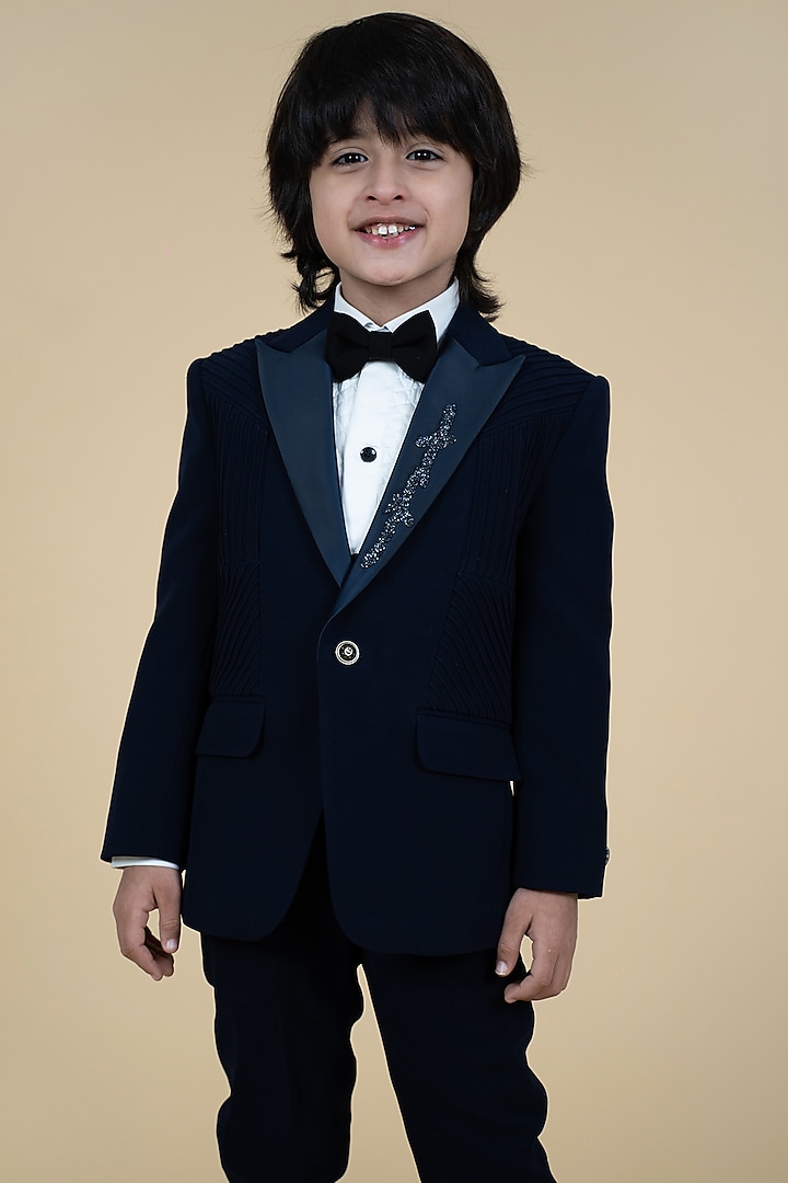 Navy Blue Sandwash Embroidered Tuxedo Set For Boys by Little Boys Closet at Pernia's Pop Up Shop