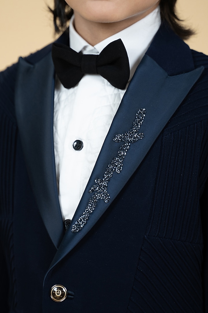 Navy Blue Sandwash Embroidered Tuxedo Set For Boys by Little Boys Closet at Pernia's Pop Up Shop