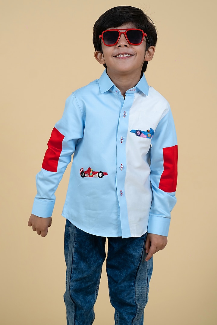 Sky Blue & White Embroidered Shirt For Boys by Little Boys Closet