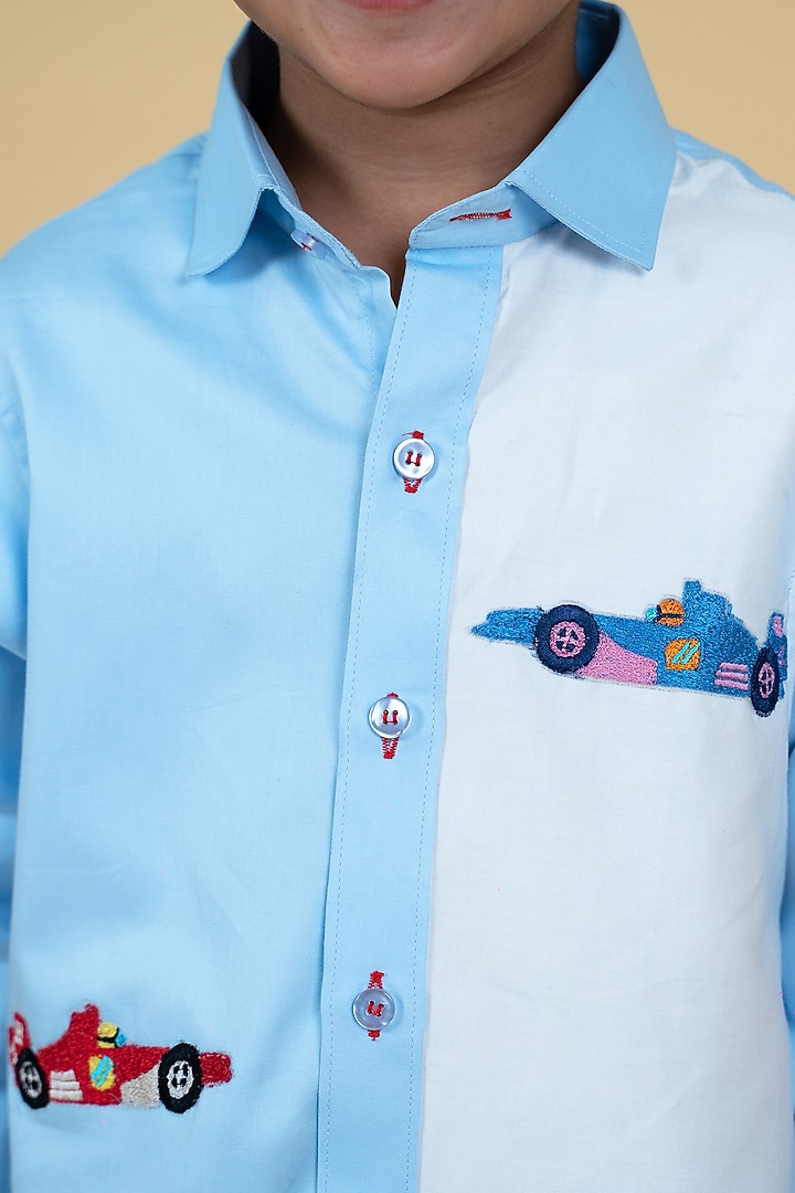 Sky Blue & White Embroidered Shirt For Boys by Little Boys Closet at Pernia's Pop Up Shop