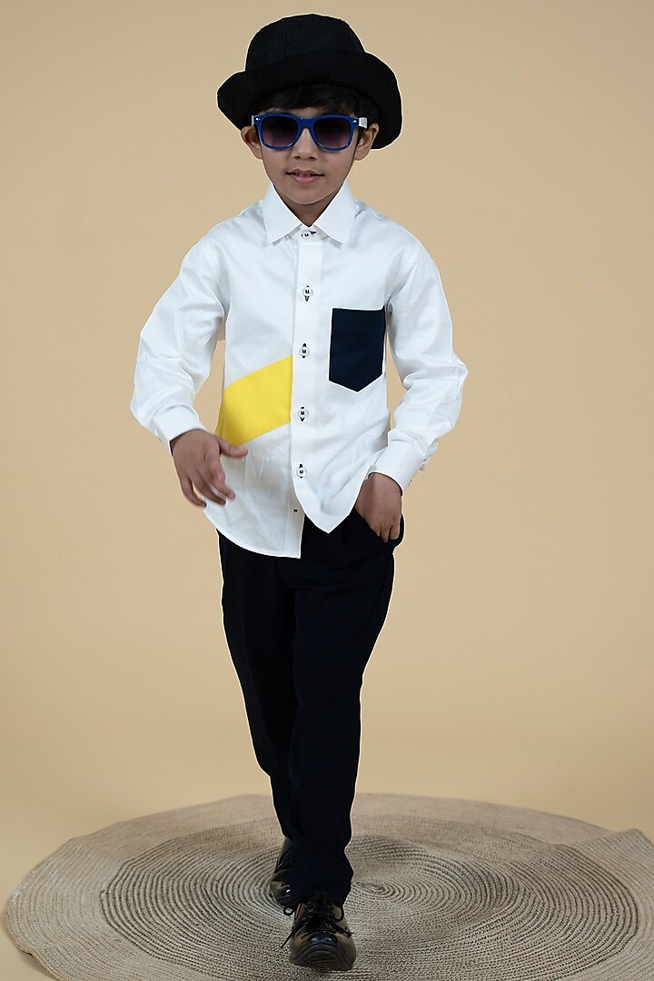 White Cotton Color Blocked Shirt For Boys by Little Boys Closet