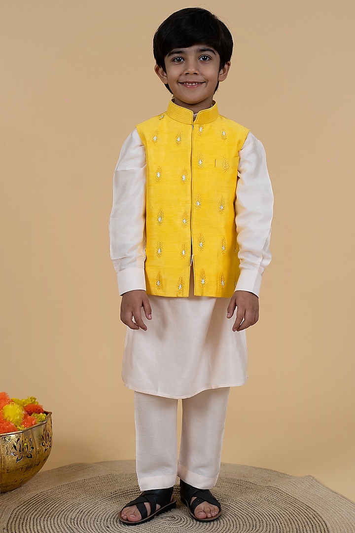 Yellow Silk Embroidered Bundi Jacket With Kurta Set For Boys by Little Boys Closet