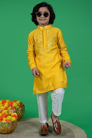 Yellow Cotton Silk Embroidered Kurta Set For Boys by Little Boys Closet