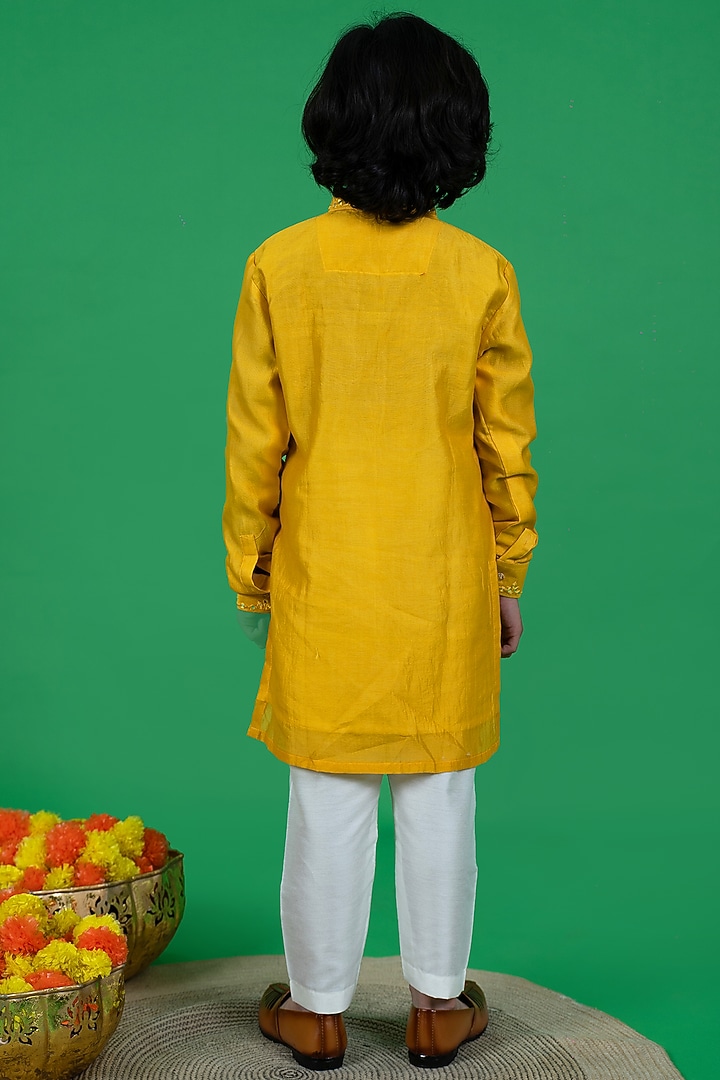 Yellow Cotton Silk Embroidered Kurta Set For Boys by Little Boys Closet at Pernia's Pop Up Shop