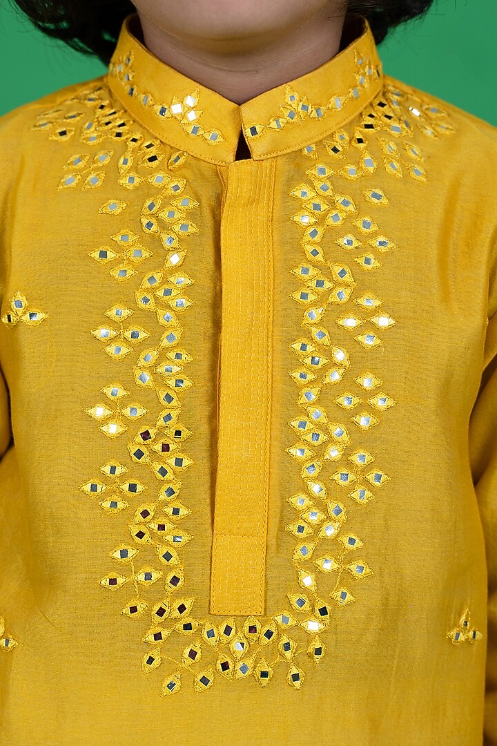 Yellow Cotton Silk Embroidered Kurta Set For Boys by Little Boys Closet at Pernia's Pop Up Shop