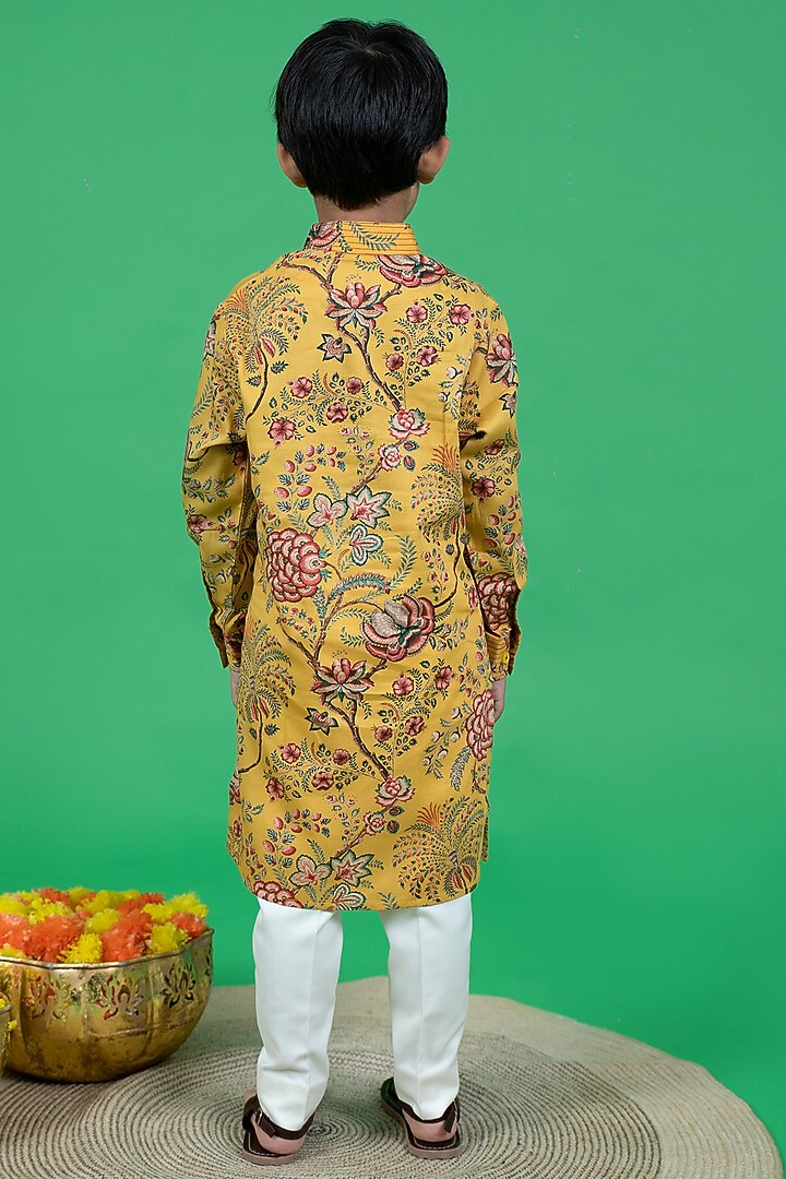 Yellow Cotton Floral Printed Kurta Set For Boys by Little Boys Closet at Pernia's Pop Up Shop