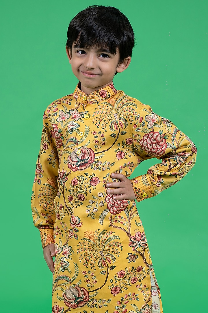 Yellow Cotton Floral Printed Kurta Set For Boys by Little Boys Closet at Pernia's Pop Up Shop