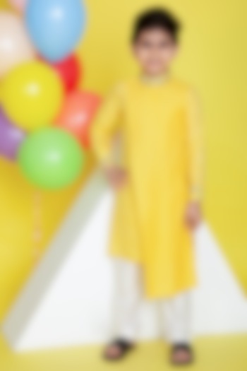 Yellow Cotton Silk Draped Kurta Set For Boys by Little Boys Closet